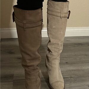 Tan Over the Knee Boots with Suede Texture and Buckle Detail